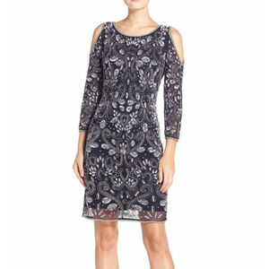 NWT Pisarro Nights Embellished Mesh Sheath Dress Size:14 Eggplant Off Shoulder